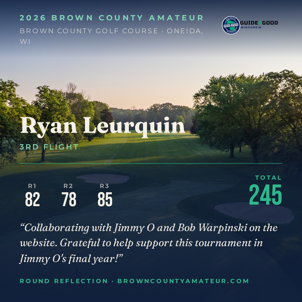 Sample Brown County Amateur Round Reflection card showing three round scores, a total and a favorite memory
