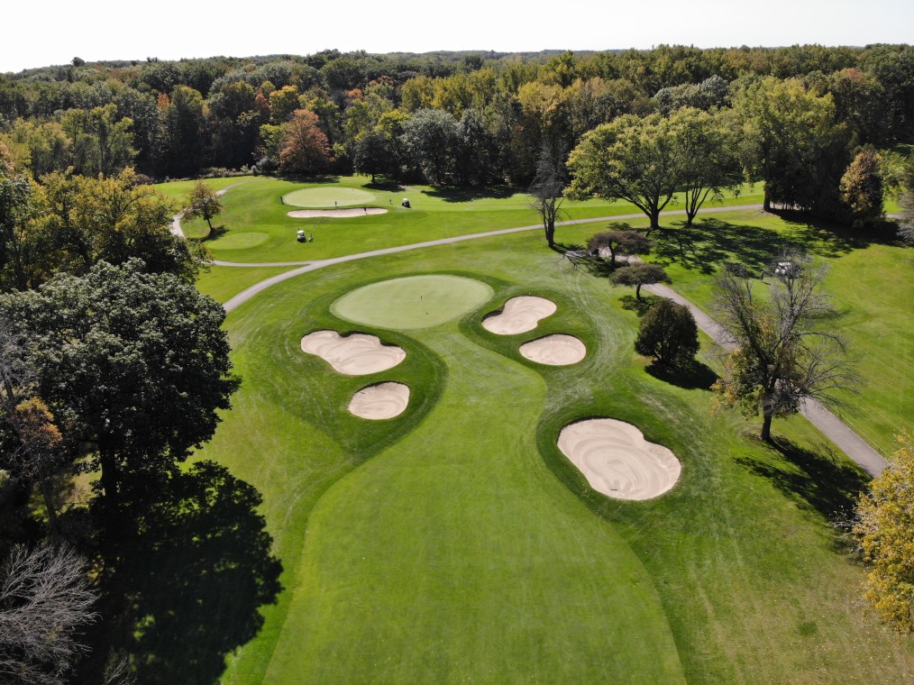 Aerial view of Brown County Golf Course green guarded by bunkers